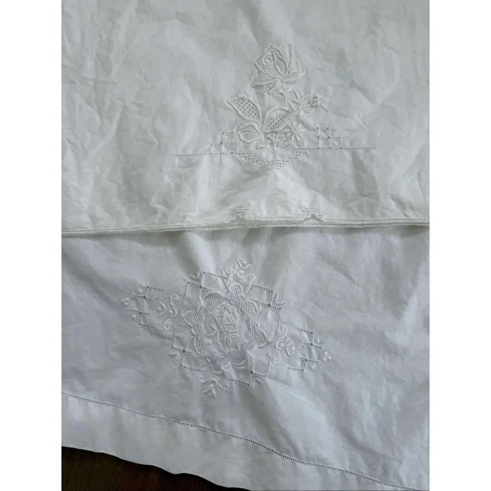 2 Vintage Queen Size Pillowcases Tonal Embroidered Floral Hemstitch Edge